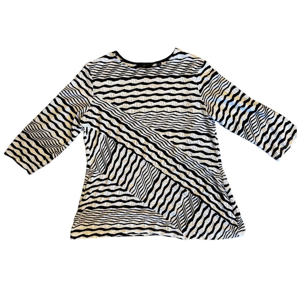 Investments II Black White Crinkle Stripe Top 1X | 3/4 Sleeve Blouse